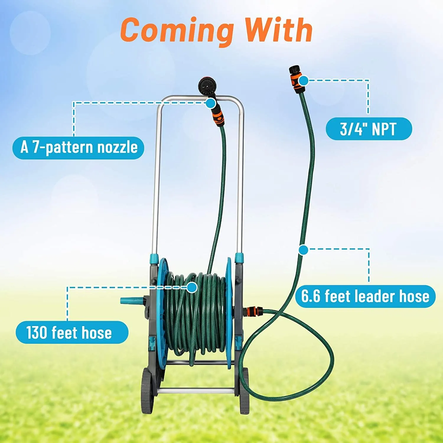 130 Feet Garden Hose Reel Aluminum Hose Reel Cart with Wheels 3/4 Inch 6.6 Feet Leader Hose 7 Patterns Nozzle Included