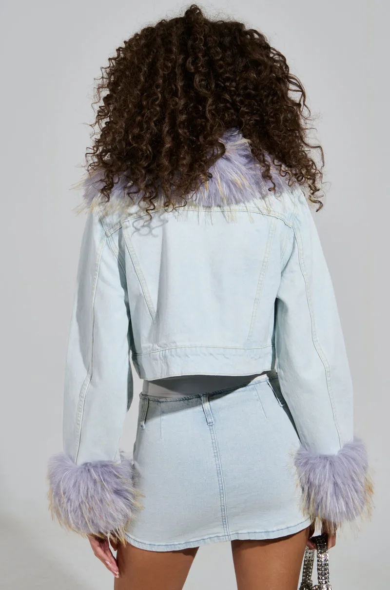 AD ASTRA FUR TRIM JACKET IN LIGHT BLUE DENIM