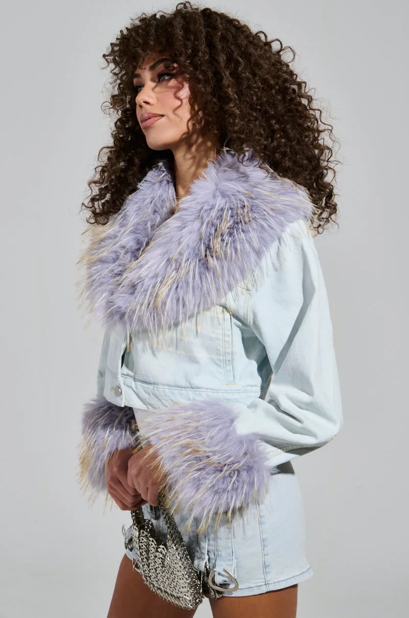 AD ASTRA FUR TRIM JACKET IN LIGHT BLUE DENIM