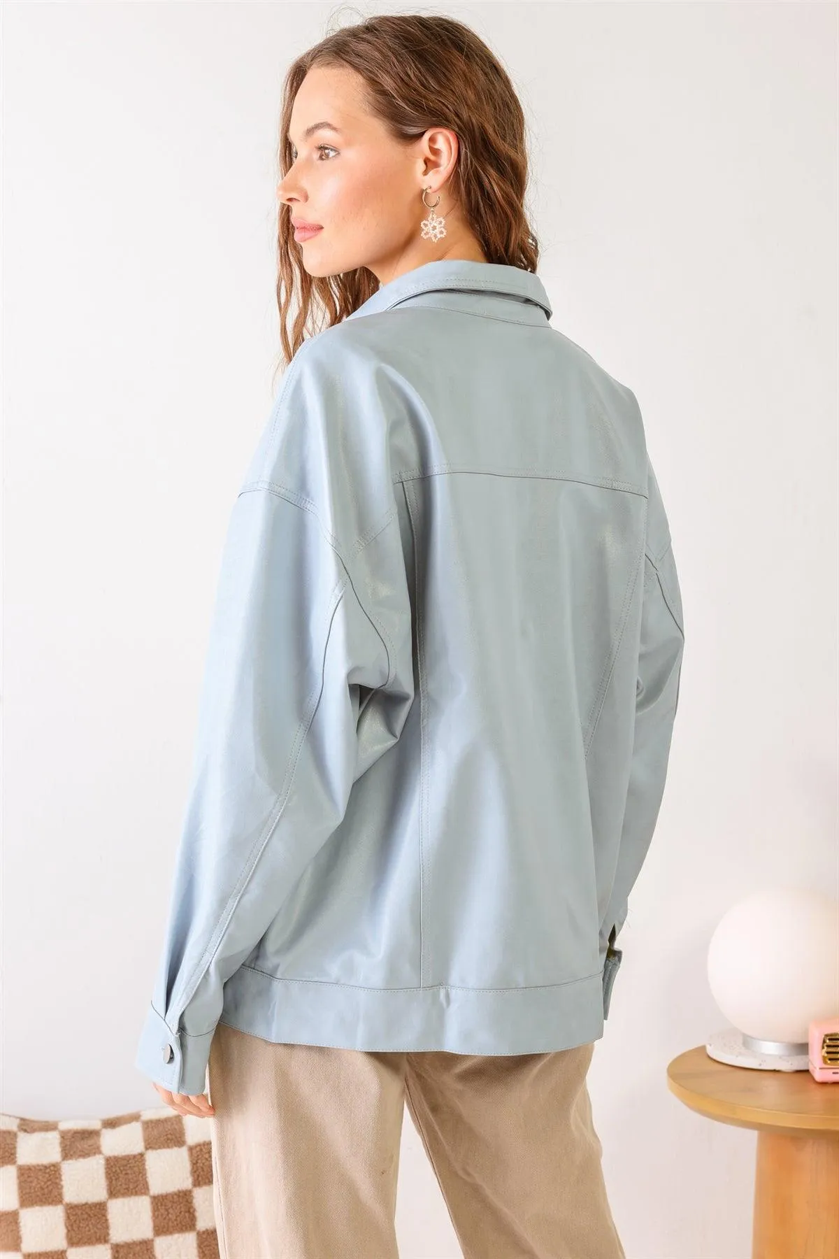 Baby Blue Faux Leather Button-Up Four Pocket Collared Neck Long Sleeve Jacket /1-2-2-1