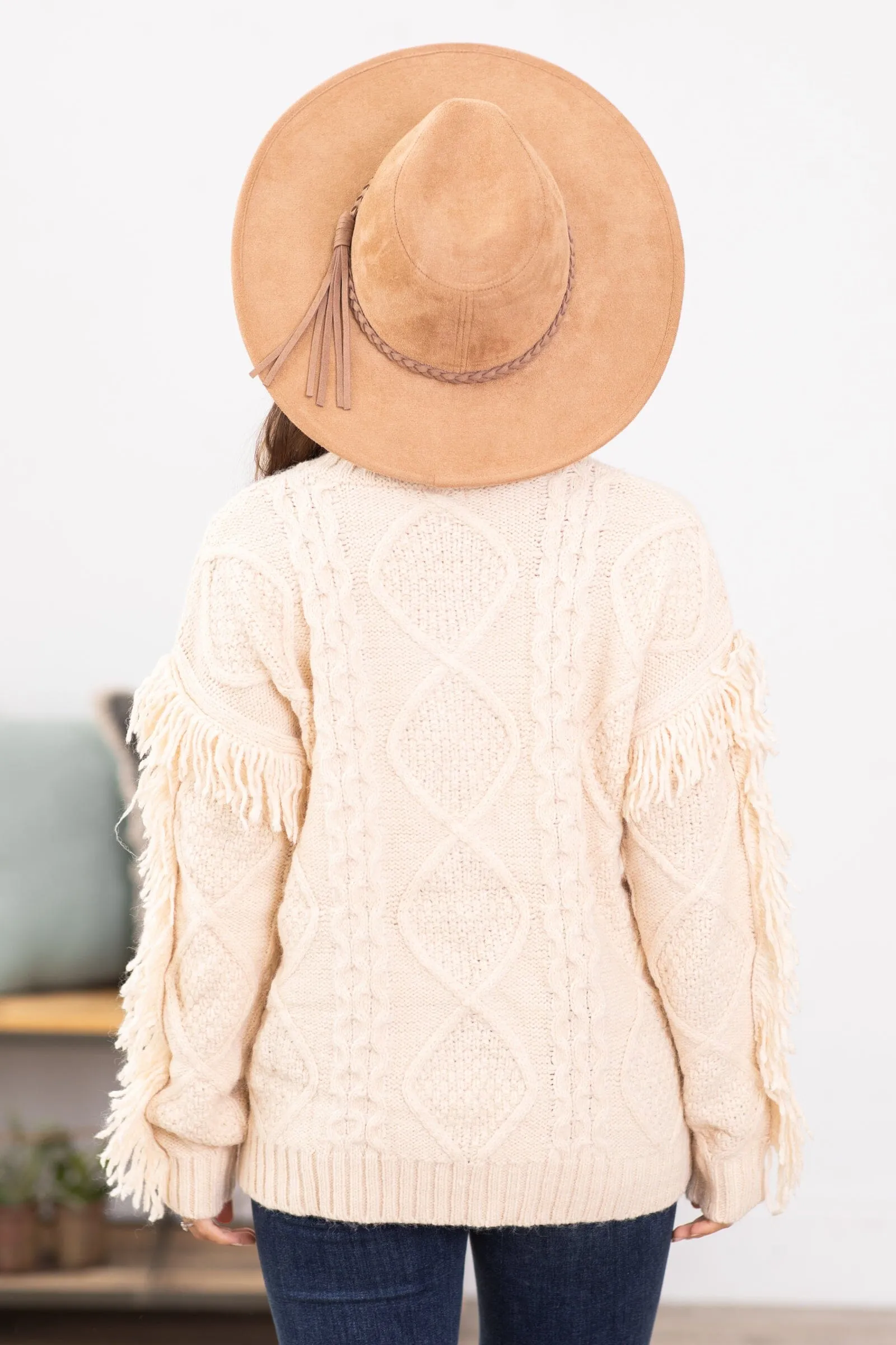 Beige Cable Knit Sweater With Fringe