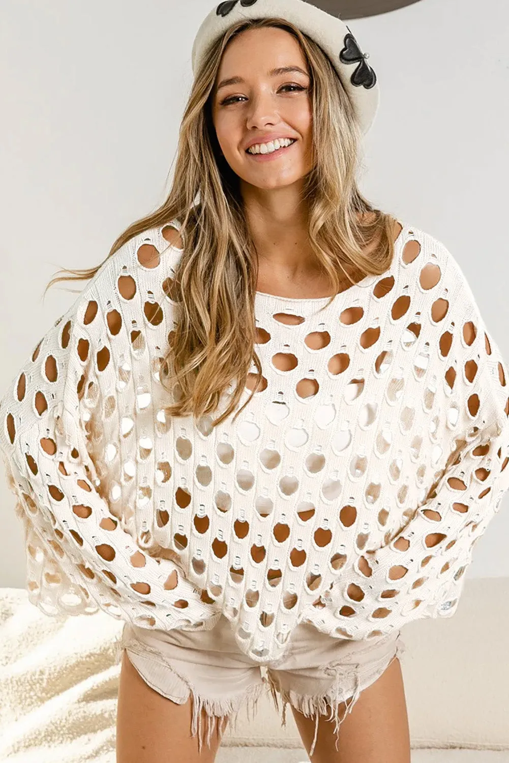 Beige Crochet Hollow-out Batwing Sleeve Sweater