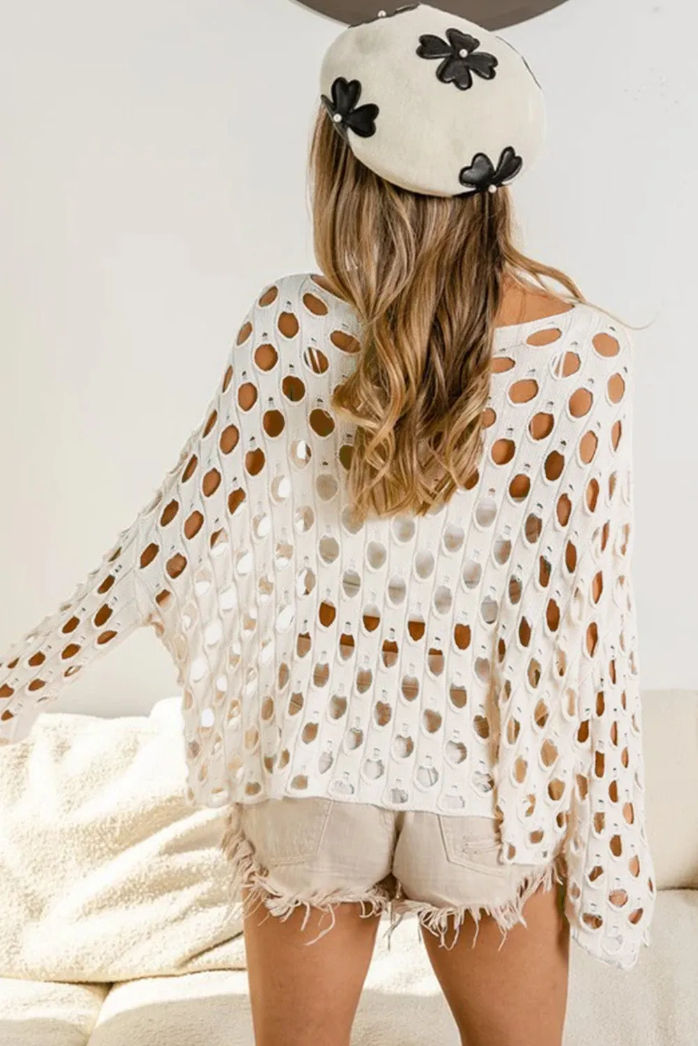 Beige Crochet Hollow-out Batwing Sleeve Sweater