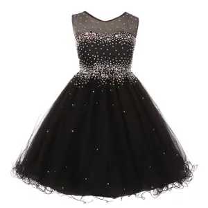 Big Girls Black Sparkling Rhinestone Illusion Tulle Party Formal Dress 8-16