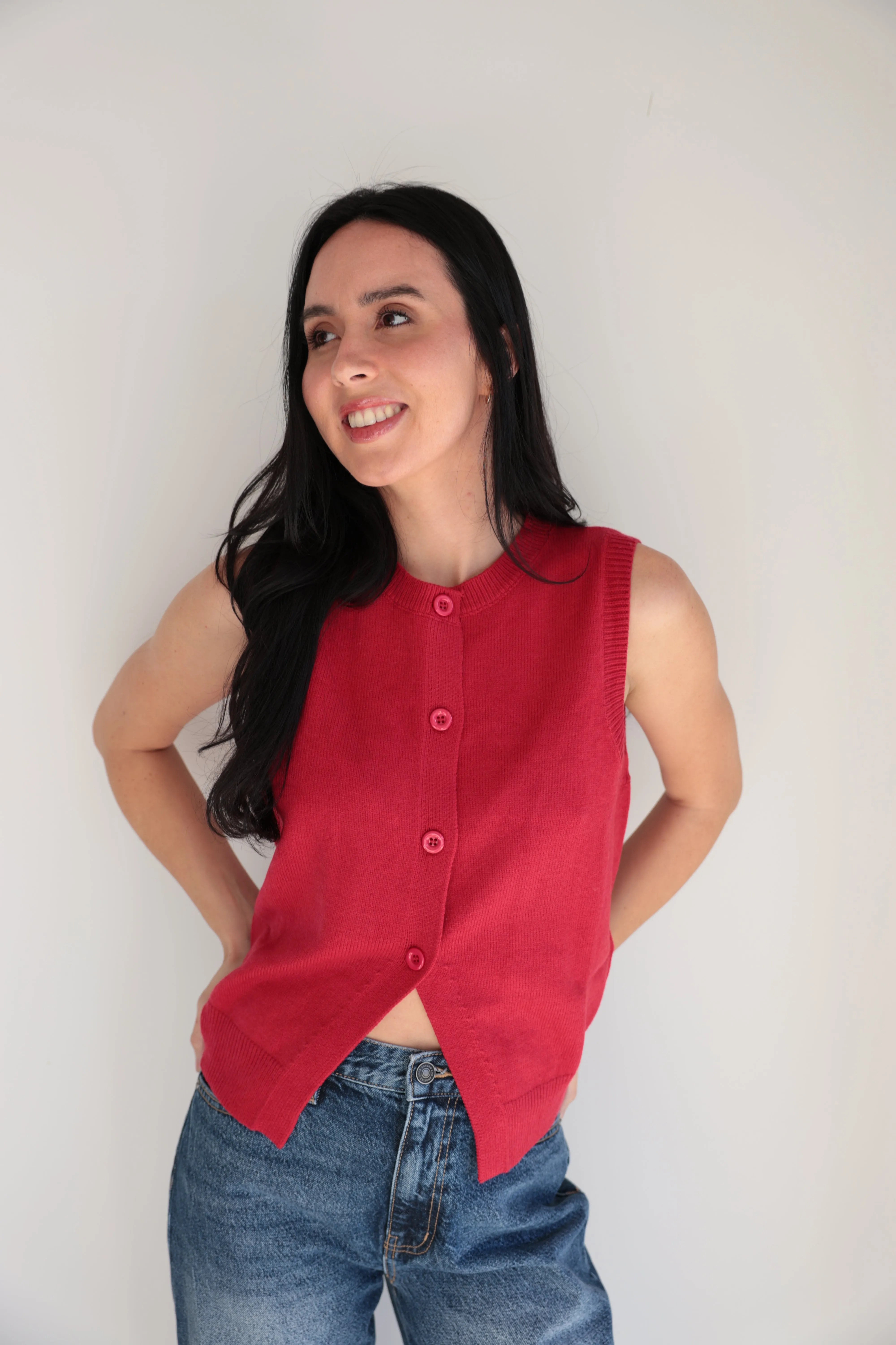 Classic Red Knit Button-Up Vest