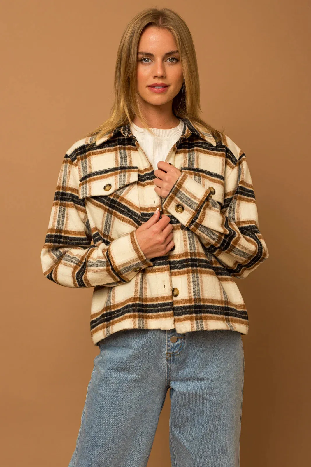 Cozy Relaxed-Fit Plaid Flannel Pocket Short Shacket