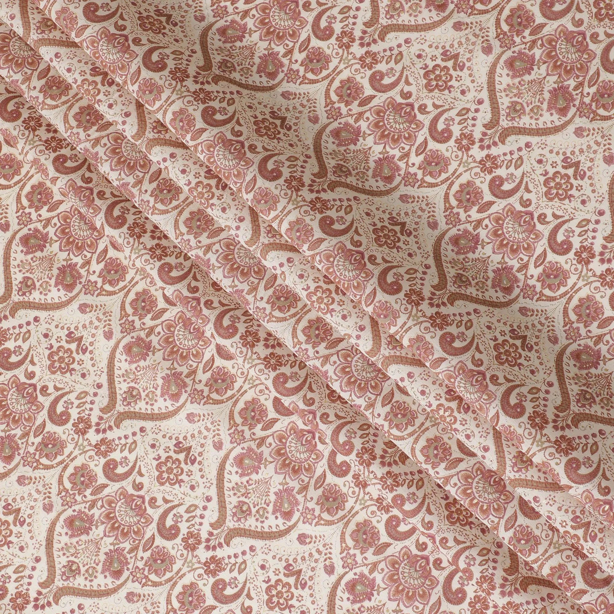 Cream synthetic blended cotton fabric with brown and brick red print in floral design-D16407