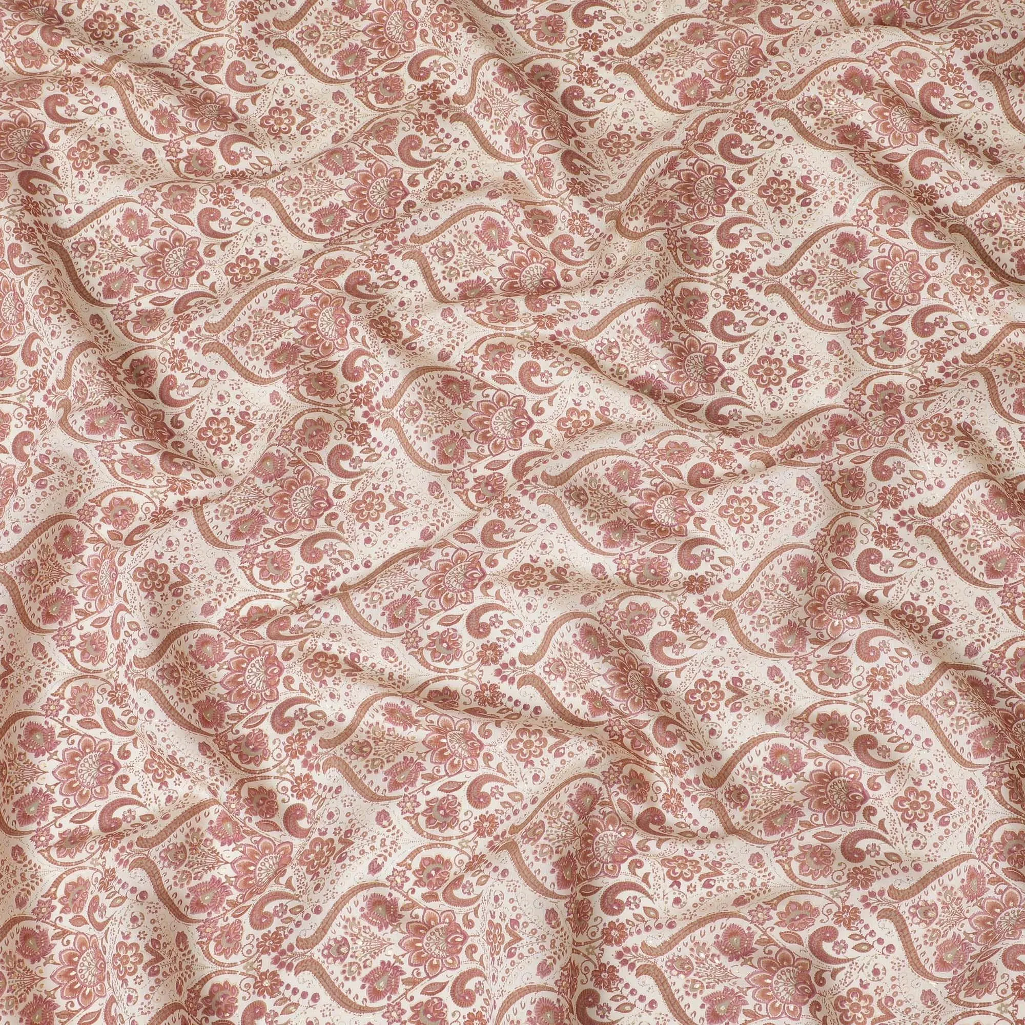 Cream synthetic blended cotton fabric with brown and brick red print in floral design-D16407