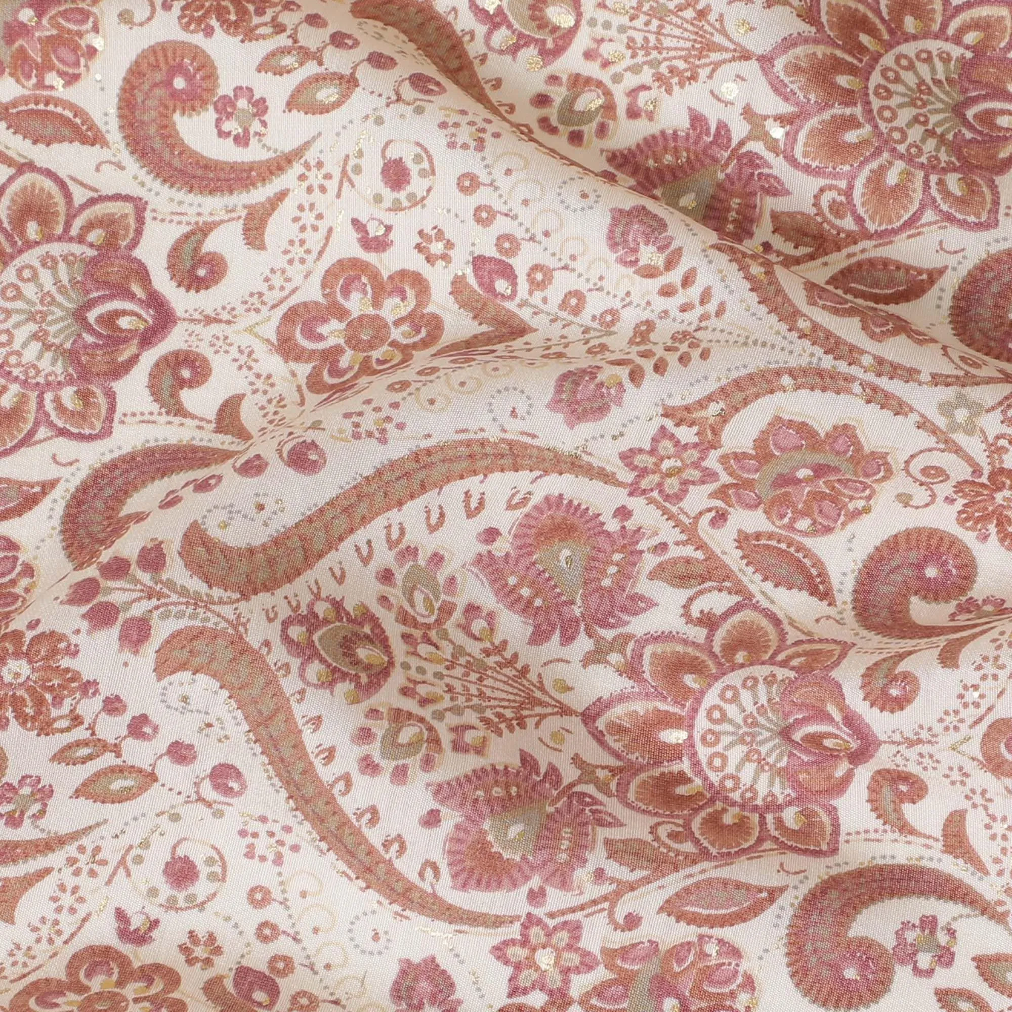 Cream synthetic blended cotton fabric with brown and brick red print in floral design-D16407