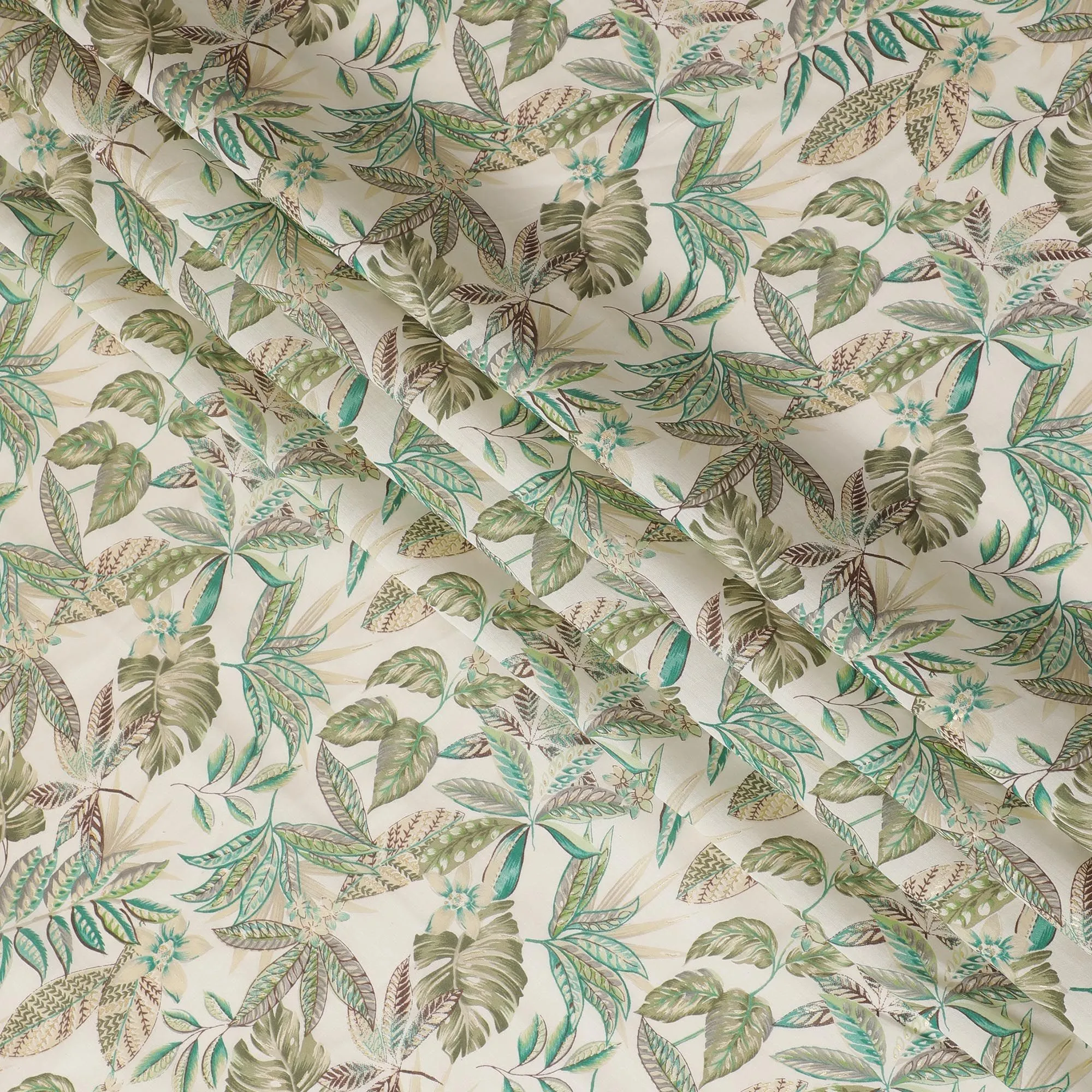 Cream Synthetic blended  cotton fabric with multicolor print having gold foil in floral design-D16729