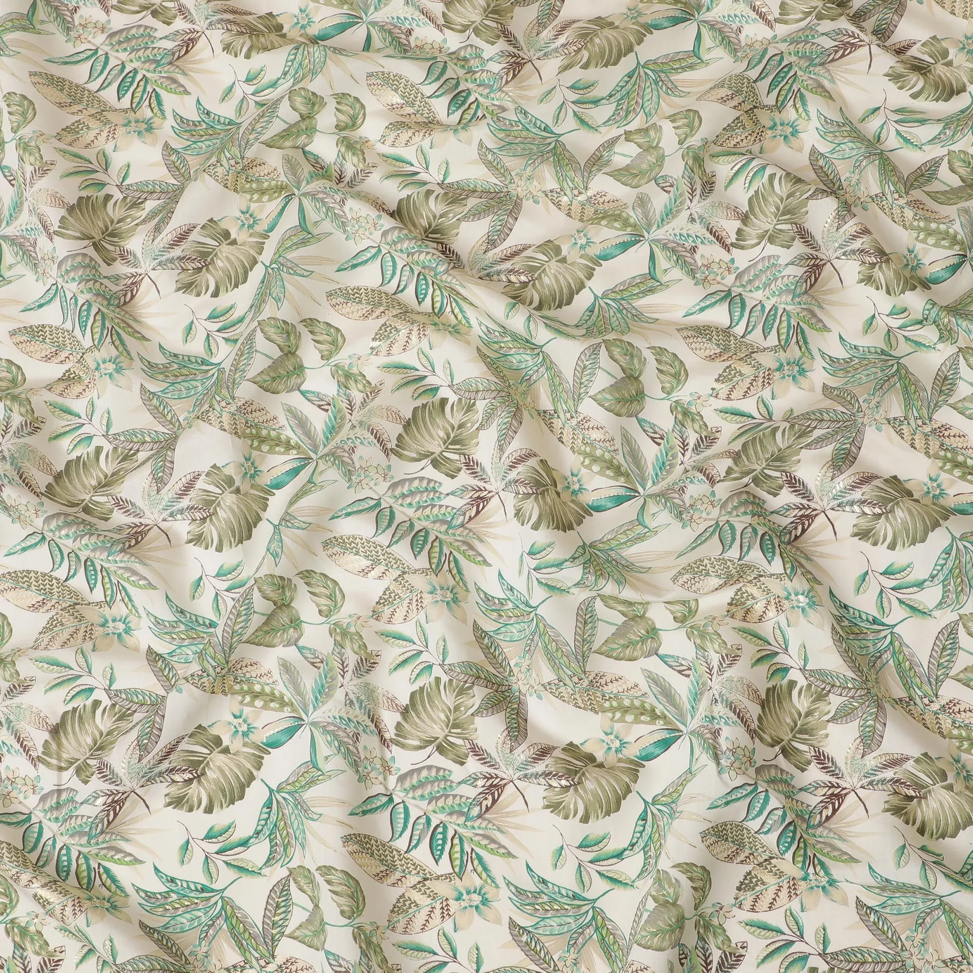 Cream Synthetic blended  cotton fabric with multicolor print having gold foil in floral design-D16729