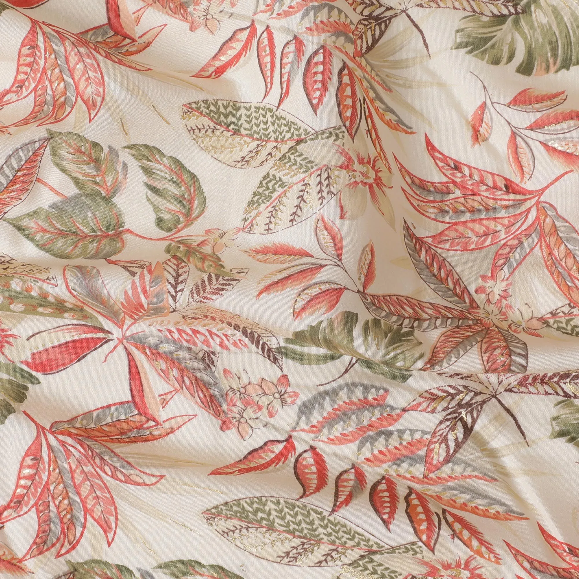 Cream Synthetic blended  cotton fabric with multicolor print having gold foil in floral design-D16730