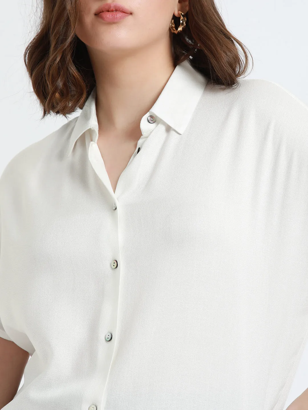 DL Woman Off-White Extended Sleeves Relaxed Fit Boxy Casual Shirt