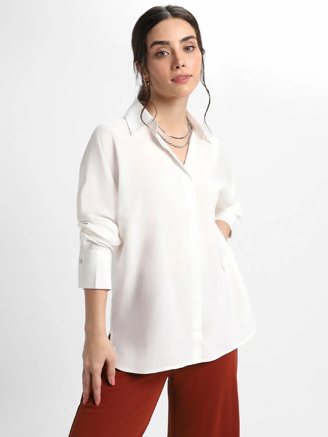 DL Woman Shirt Collar Relaxed Fit Solid Off White Shirt