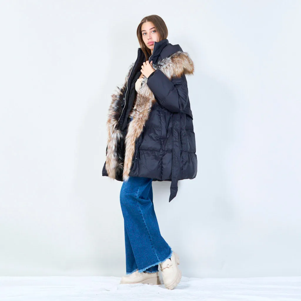 Elegant belted puffer duck down coat with plush fur trim wholesale