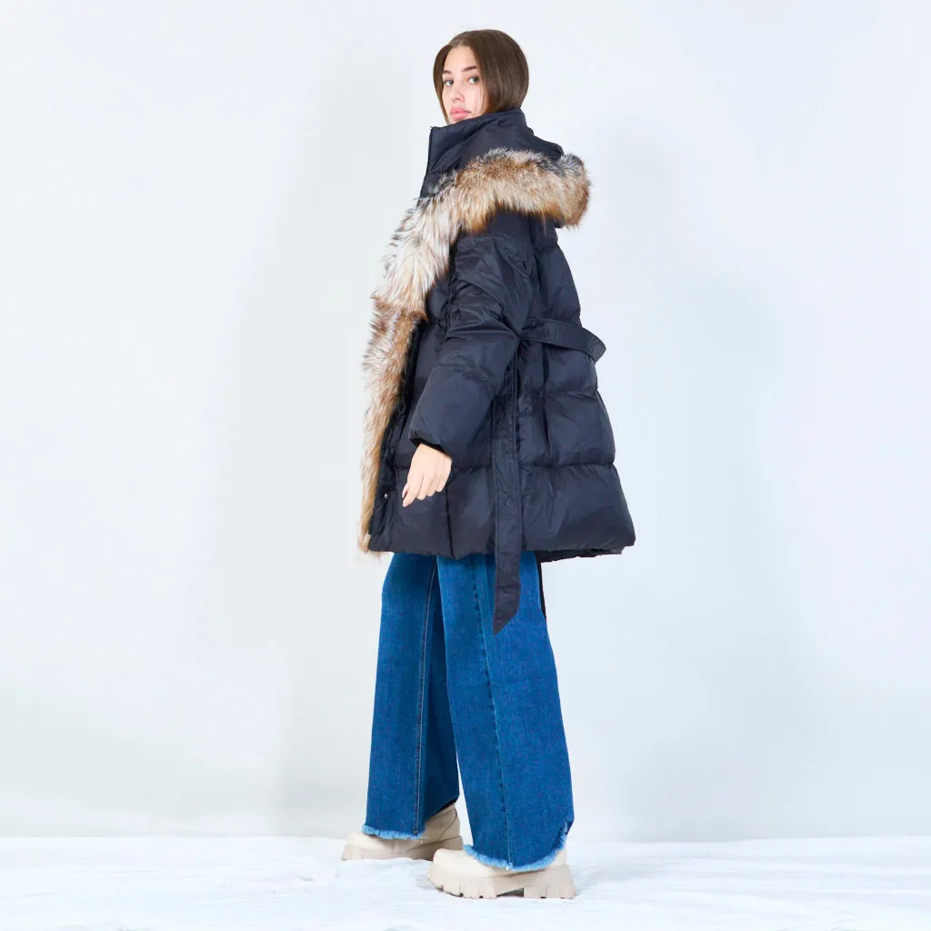 Elegant belted puffer duck down coat with plush fur trim wholesale