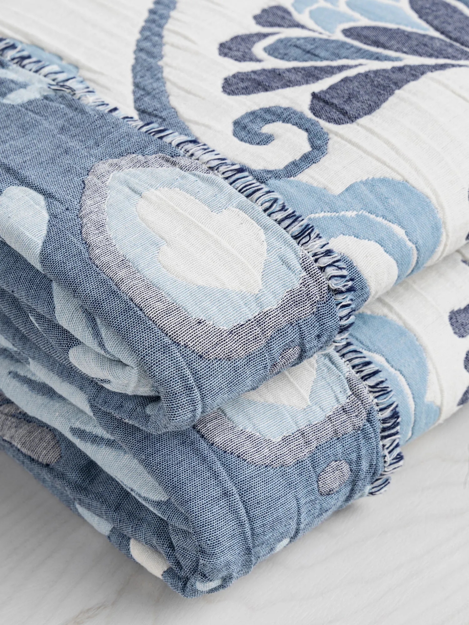 Folk Quilted Jacquard with Batting - Blue   Cream