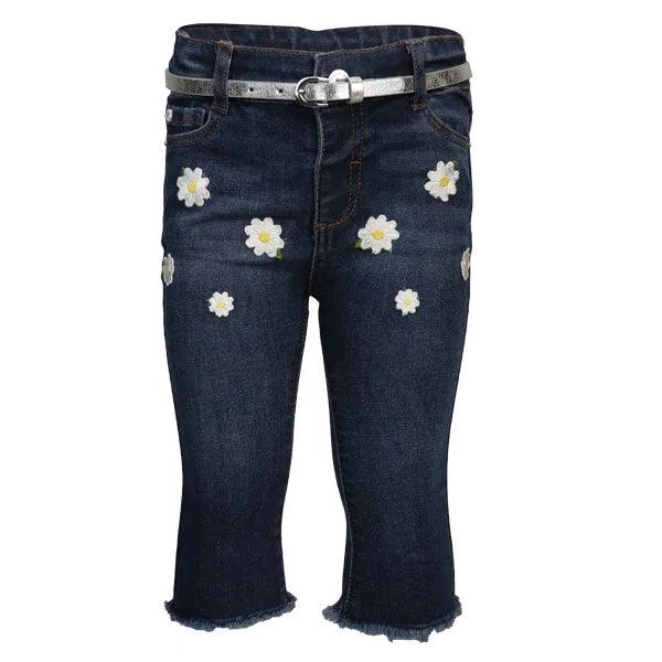 GIRLS DARK DENIM EMBROIDERED PANTS WITH SILVER BELT