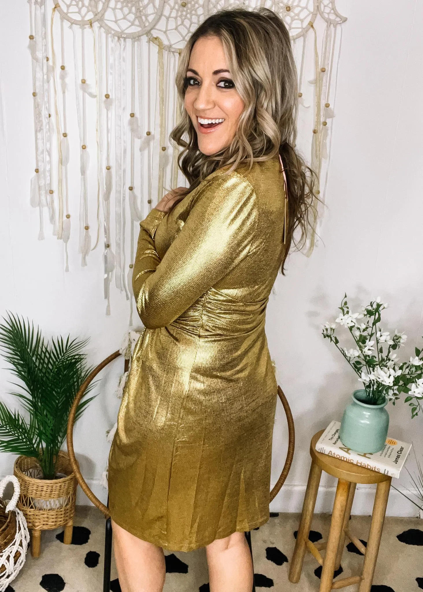 Gold Shimmery Long Sleeve Front Twist Cocktail Dress