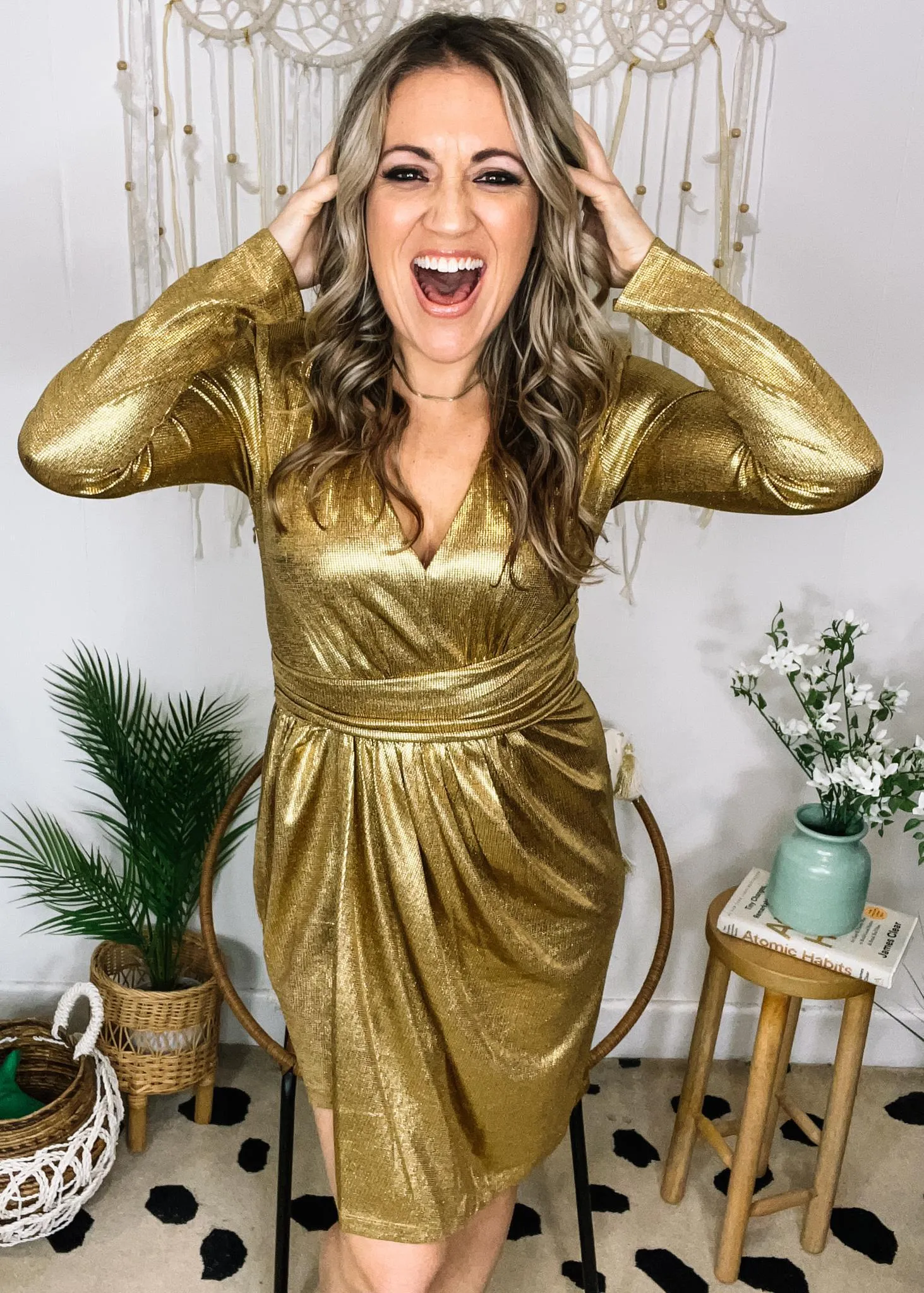 Gold Shimmery Long Sleeve Front Twist Cocktail Dress