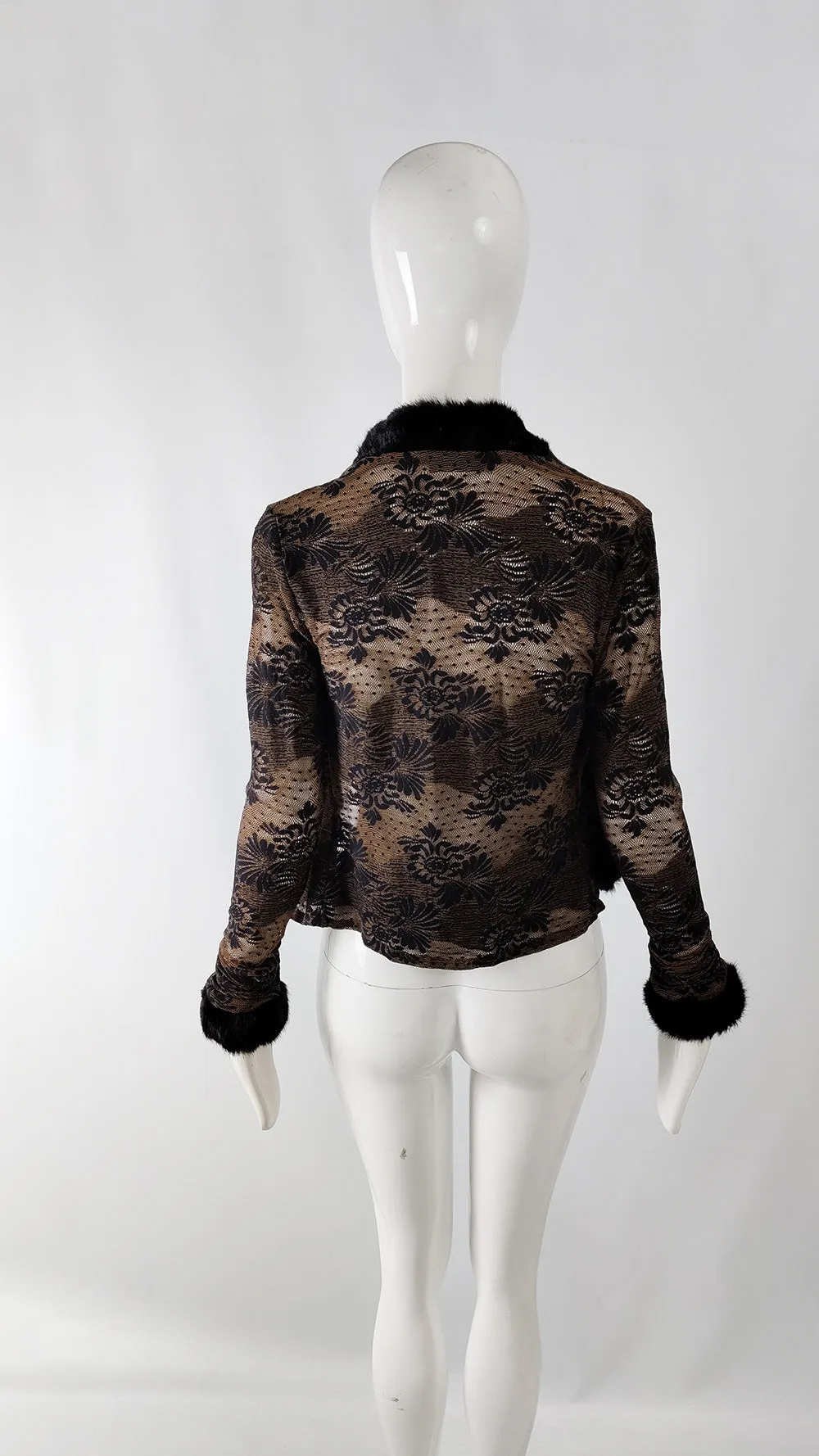 Ikito Vintage Brown Lace & Black Faux Fur Jacket, 1990s