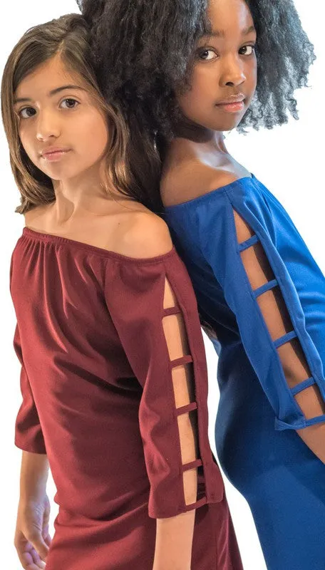 KIDS OFF THE SHOULDER LADDER DRESS