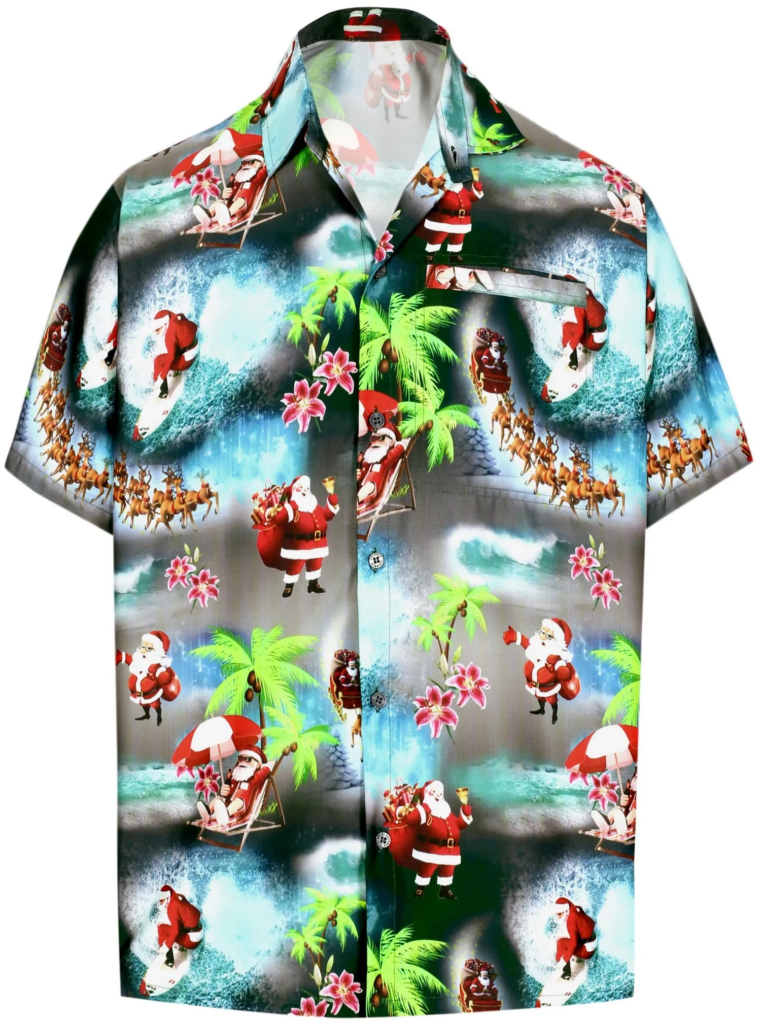 LA LEELA Men's Casual Beach hawaiian Shirt Aloha Christmas Santa front Pocket Short sleeve Black_AA16