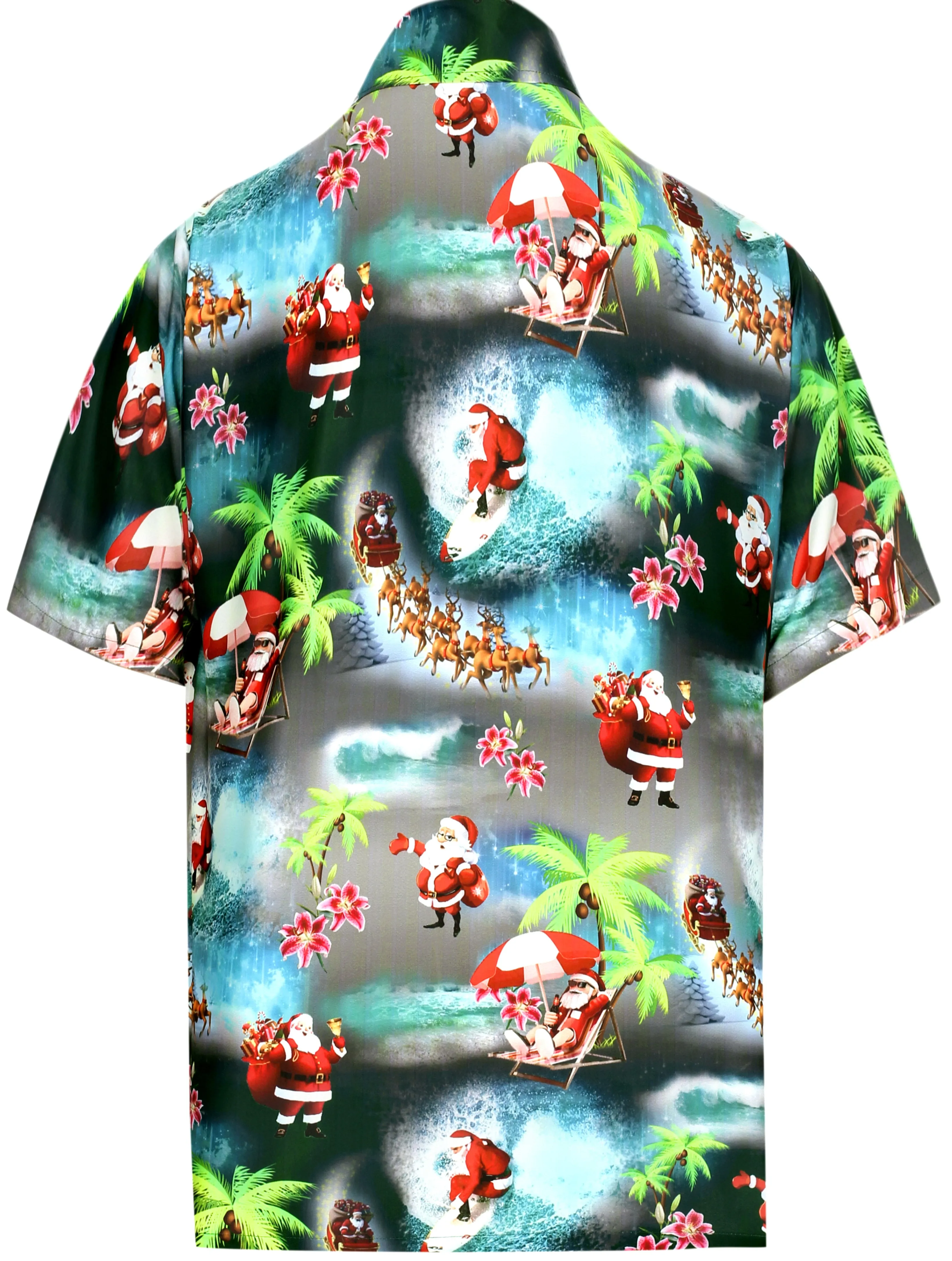 LA LEELA Men's Casual Beach hawaiian Shirt Aloha Christmas Santa front Pocket Short sleeve Black_AA16