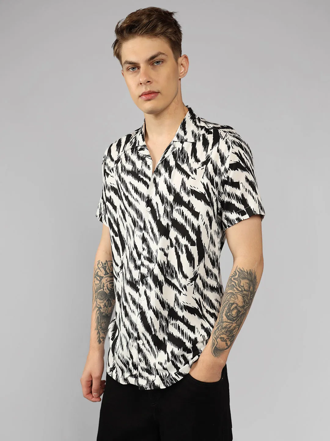 Men's Black Printed Cuban Collar Half sleeve Relaxed Fit Shirt