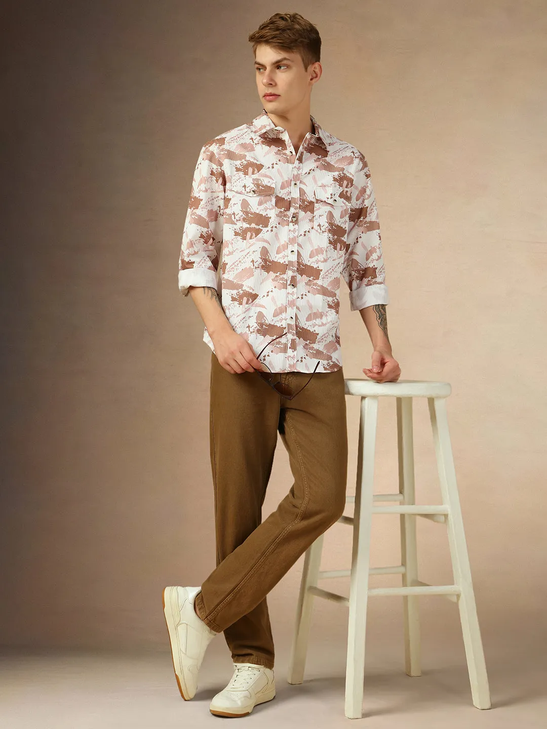 Men's Brown Printed Spread Collar Full Sleeves Relaxed Fit Shirt