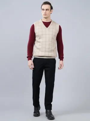 Men's Checked Beige Sleeveless Sweater