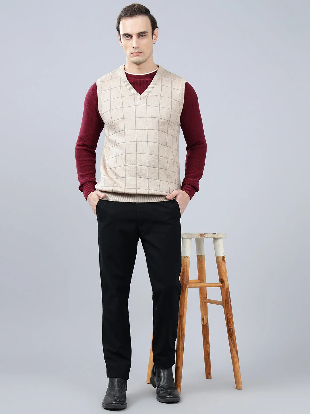 Men's Checked Beige Sleeveless Sweater