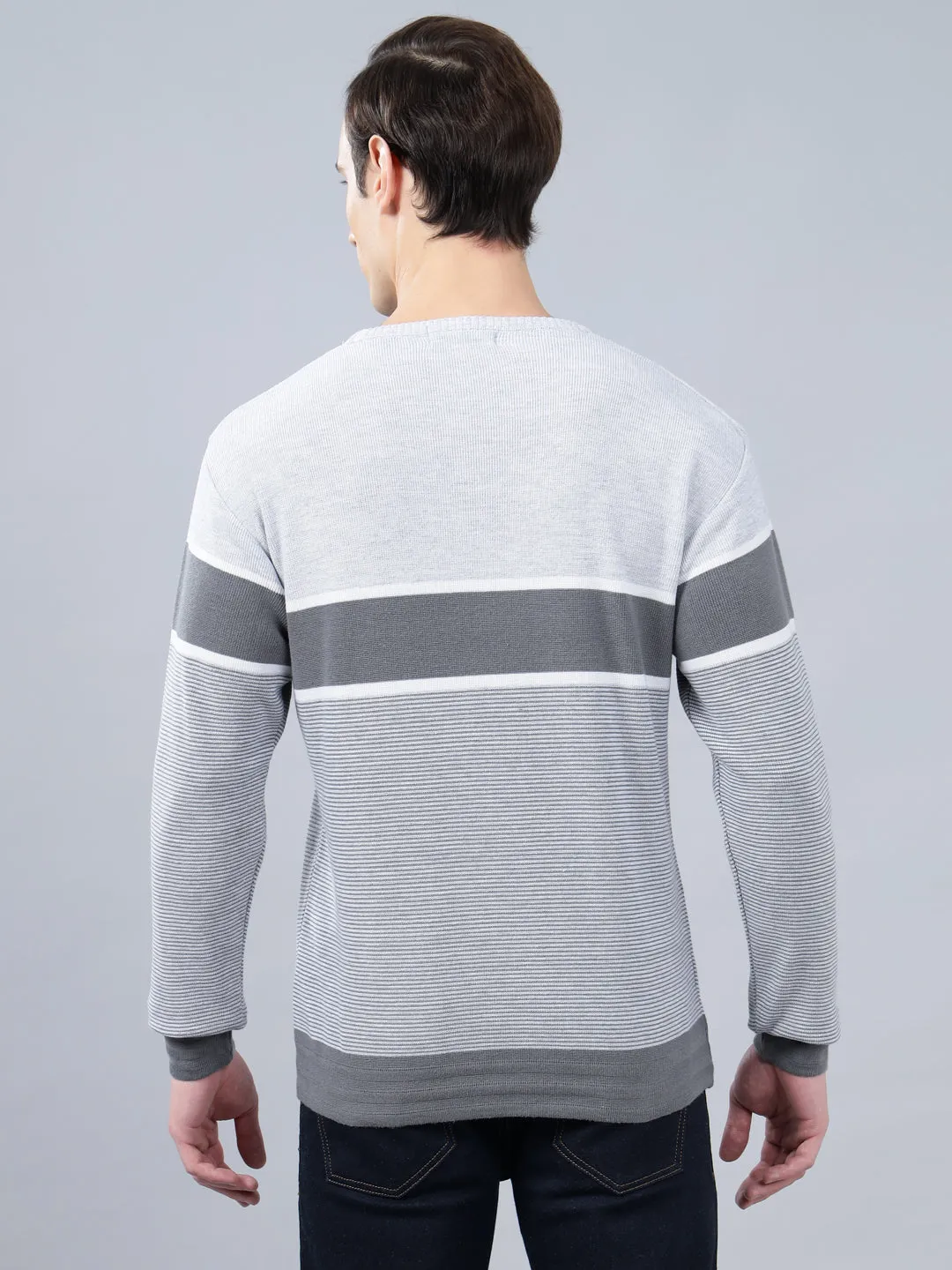 Men's Grey Striped Full Sleeve Sweater