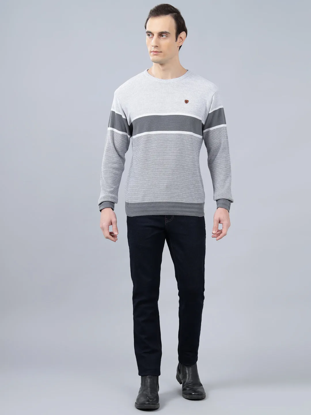 Men's Grey Striped Full Sleeve Sweater