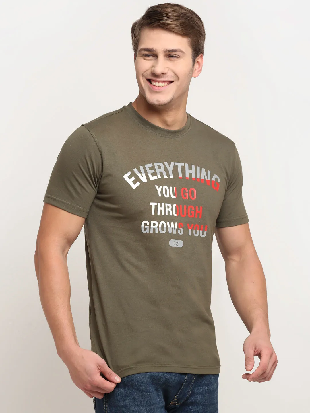 Men's Olive Green Round neck Half Sleeve T-Shirt with Print