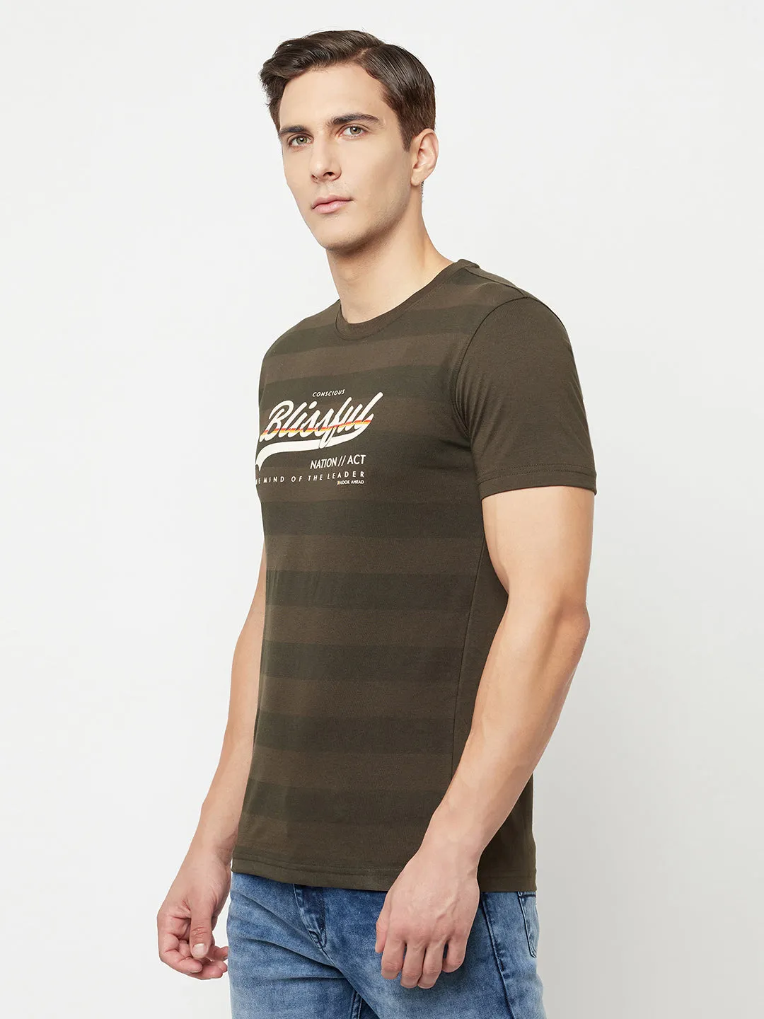 Men's Olive Green Stripe Round neck Half Sleeve T-Shirt