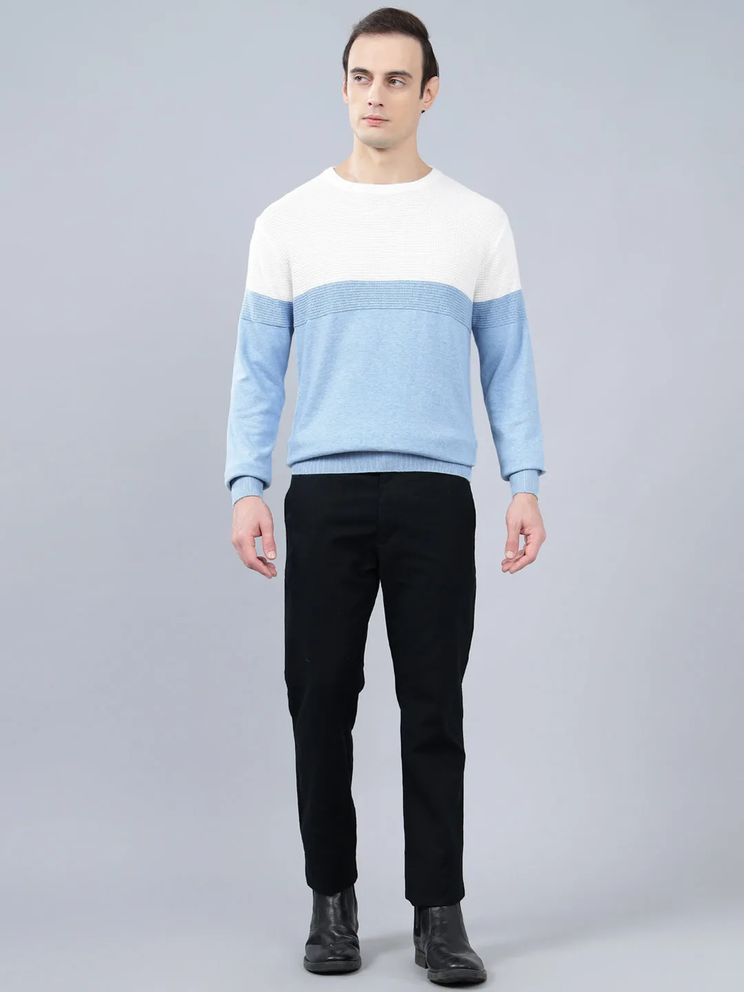 Men's Sky Blue Self Design Full Sleeve Sweater