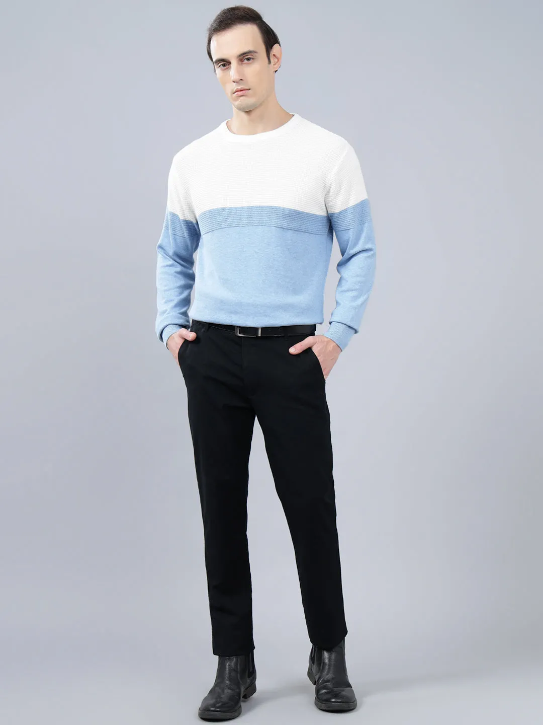 Men's Sky Blue Self Design Full Sleeve Sweater