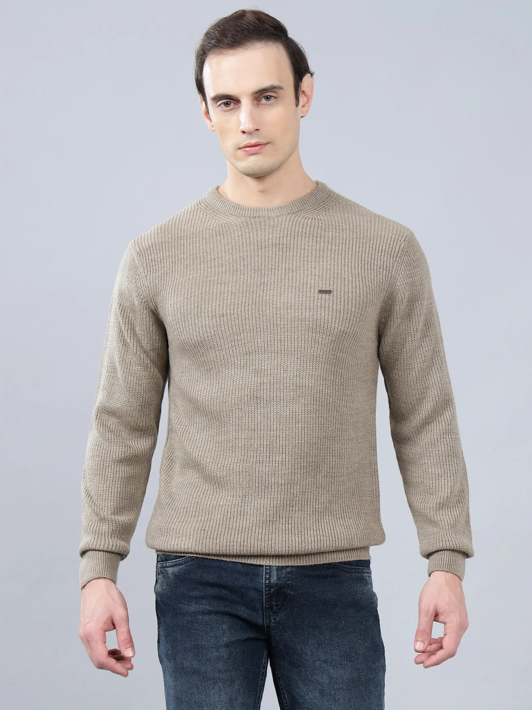 Men's Solid Beige Full Sleeve Sweater