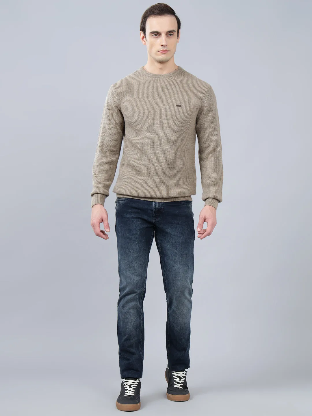 Men's Solid Beige Full Sleeve Sweater