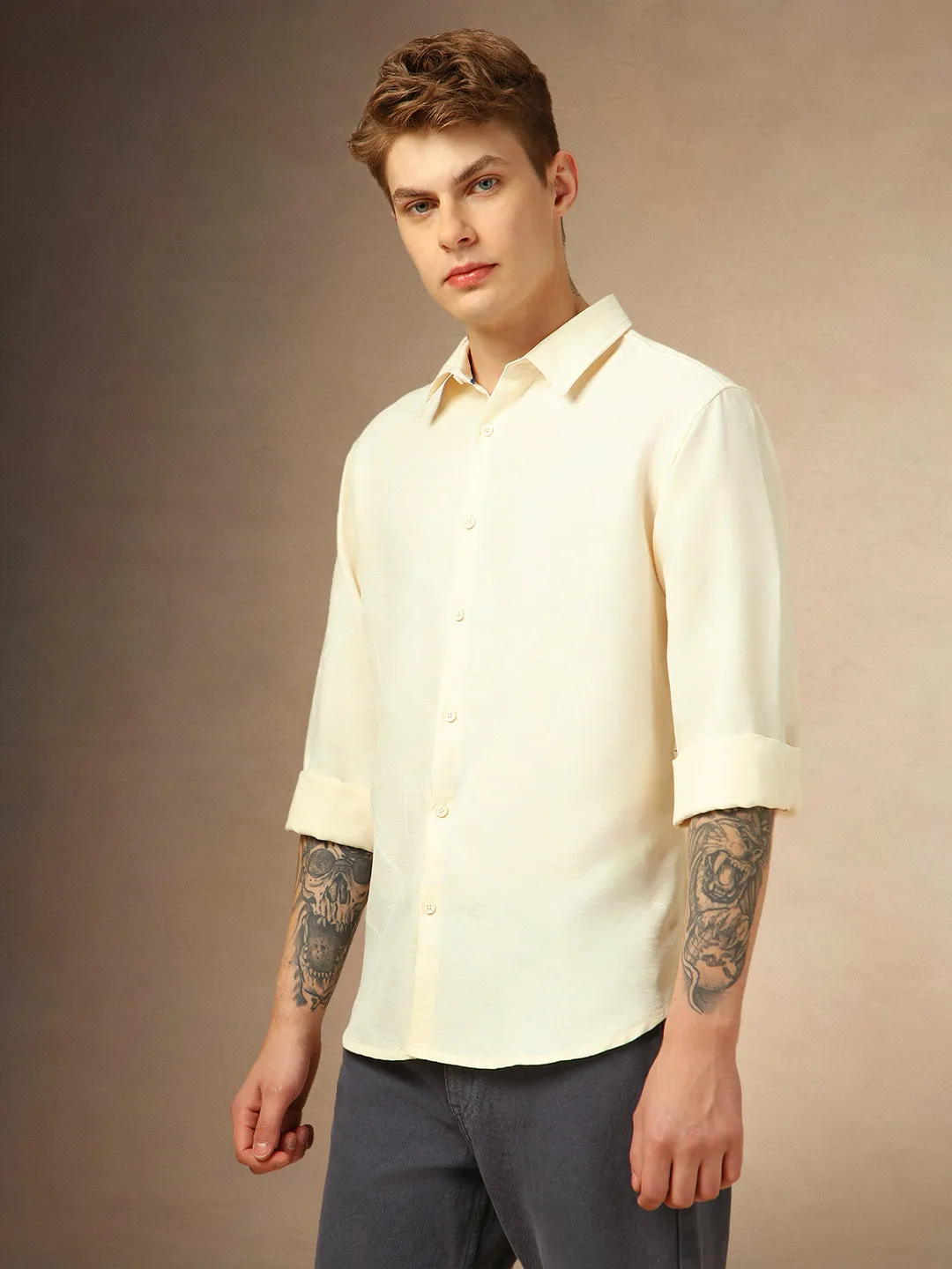 Men's White Printed Spread Collar Full Sleeves Relaxed Fit Shirt