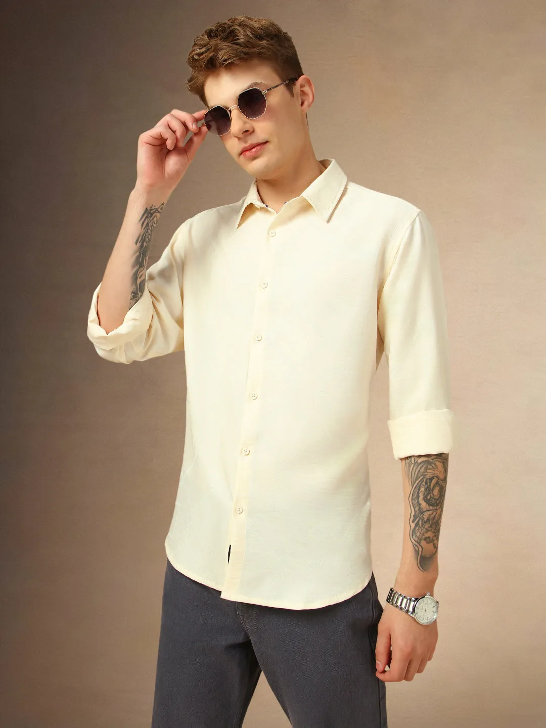 Men's White Printed Spread Collar Full Sleeves Relaxed Fit Shirt