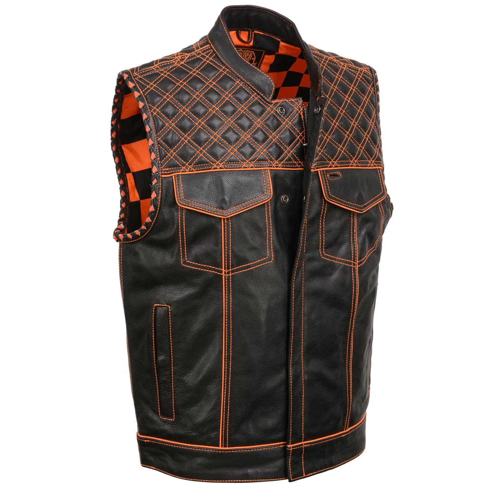 Milwaukee Leather MLM3527 Men's Black 'Paisley' Accented w/ Orange Stitching Leather Vest – / Armhole Trim