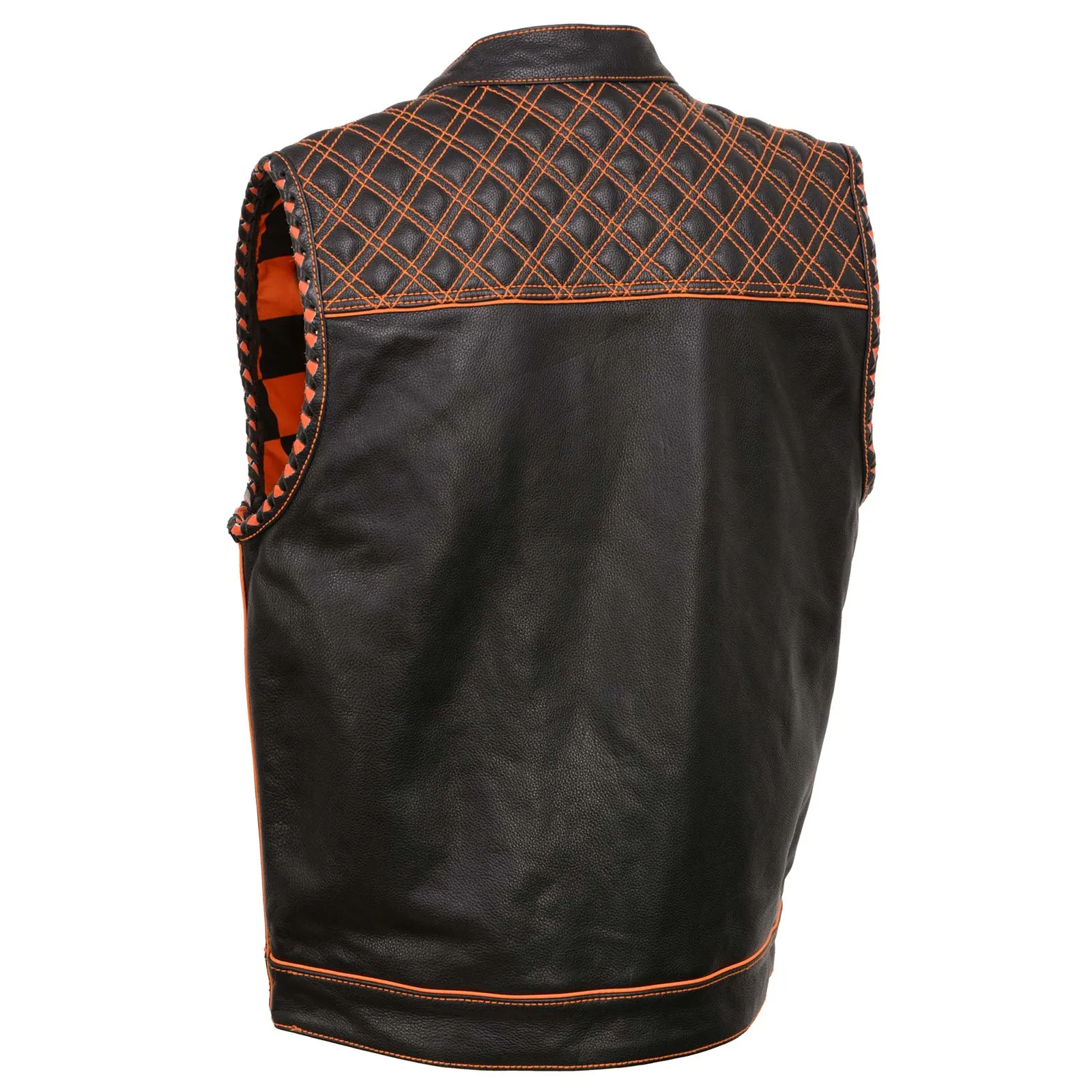 Milwaukee Leather MLM3527 Men's Black 'Paisley' Accented w/ Orange Stitching Leather Vest – / Armhole Trim