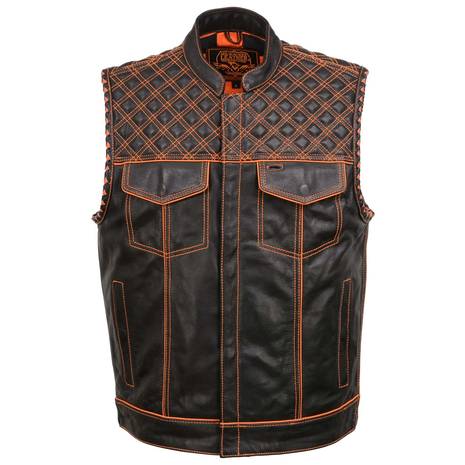 Milwaukee Leather MLM3527 Men's Black 'Paisley' Accented w/ Orange Stitching Leather Vest – / Armhole Trim