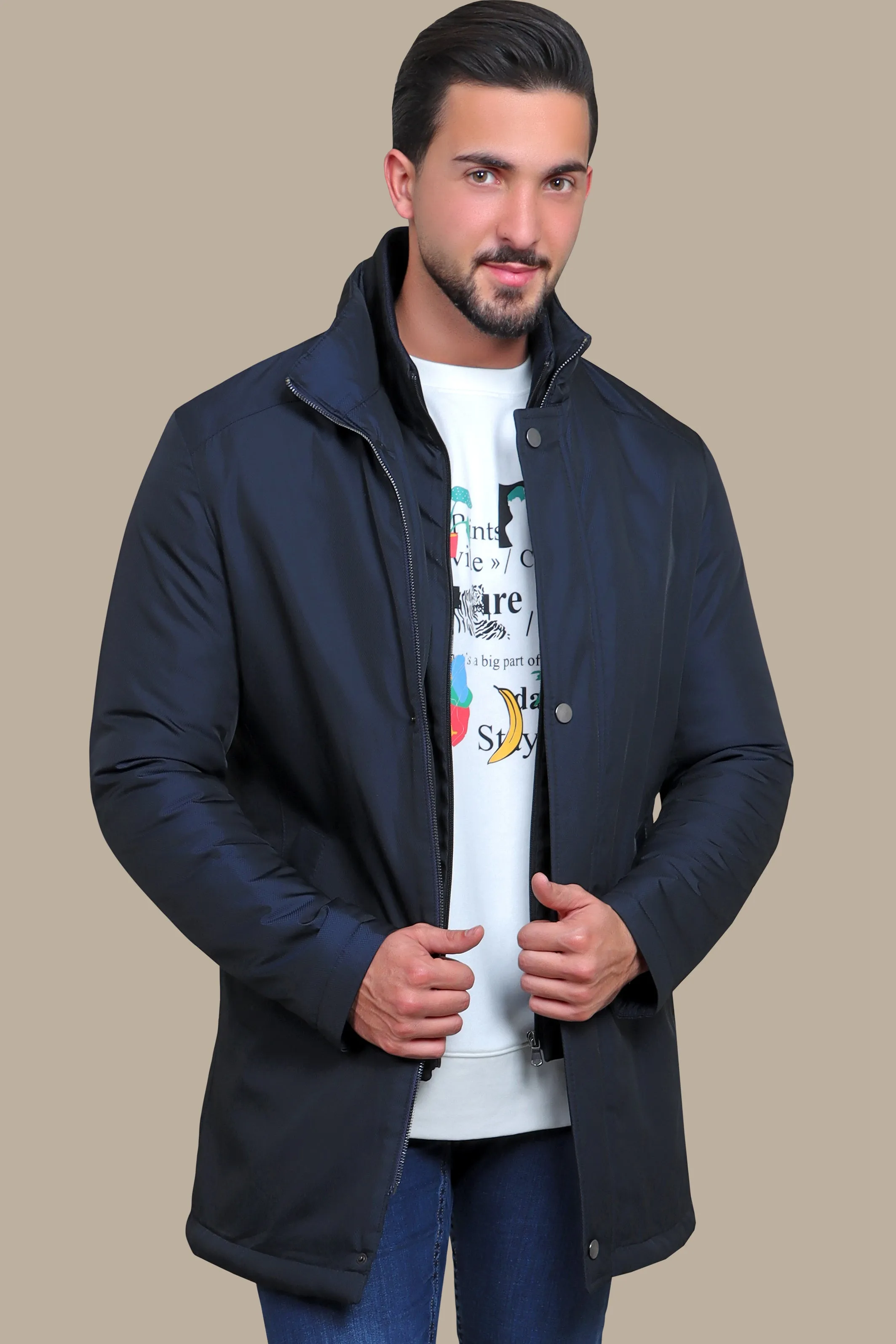 Navy Elegance: Versatile Parka with Detachable Collar for Stylish Comfort