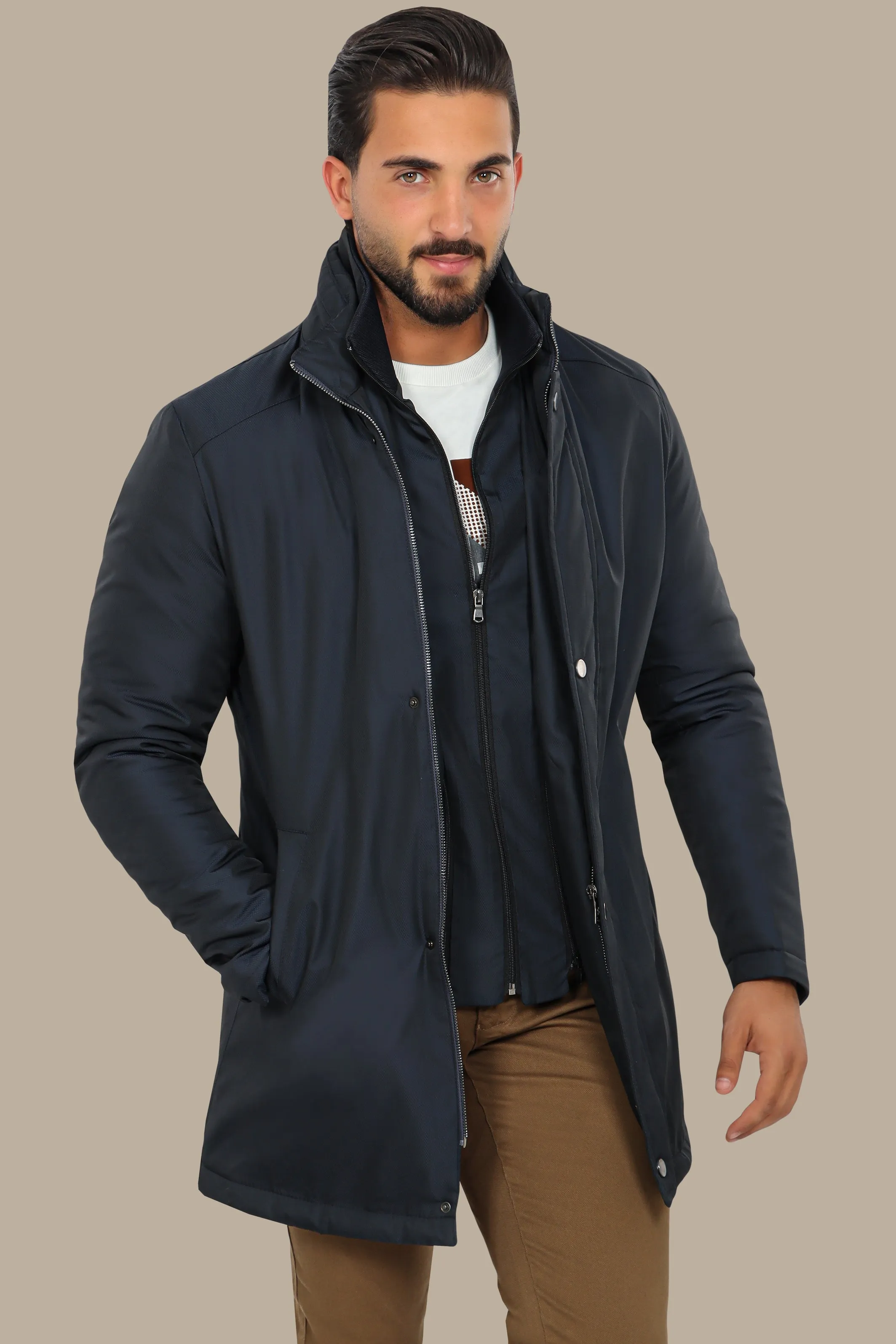 Navy Elegance: Versatile Parka with Detachable Collar for Stylish Comfort