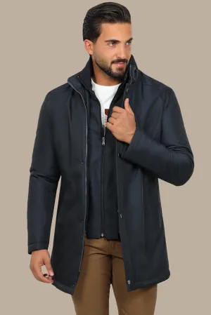 Navy Elegance: Versatile Parka with Detachable Collar for Stylish Comfort