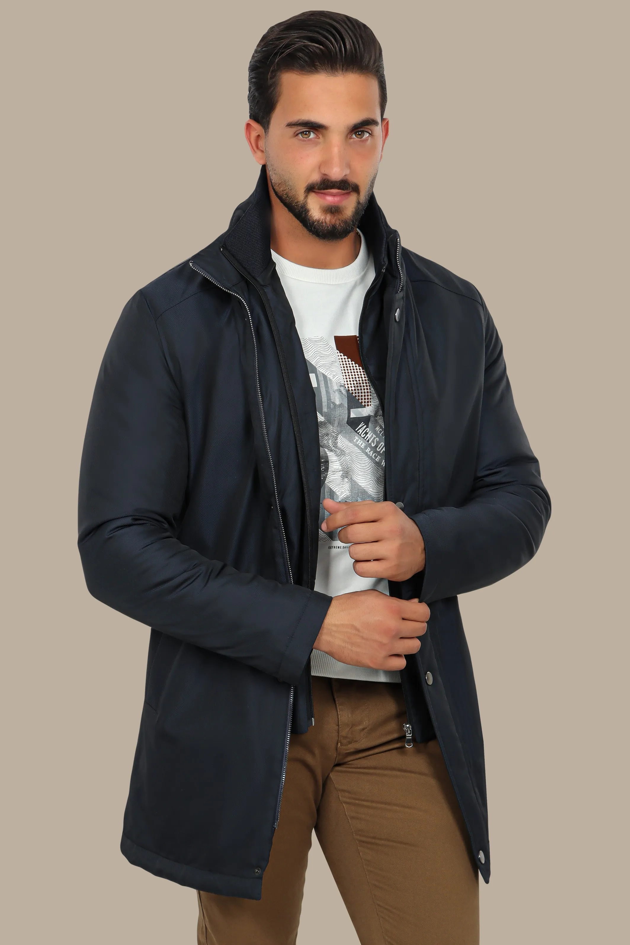 Navy Elegance: Versatile Parka with Detachable Collar for Stylish Comfort