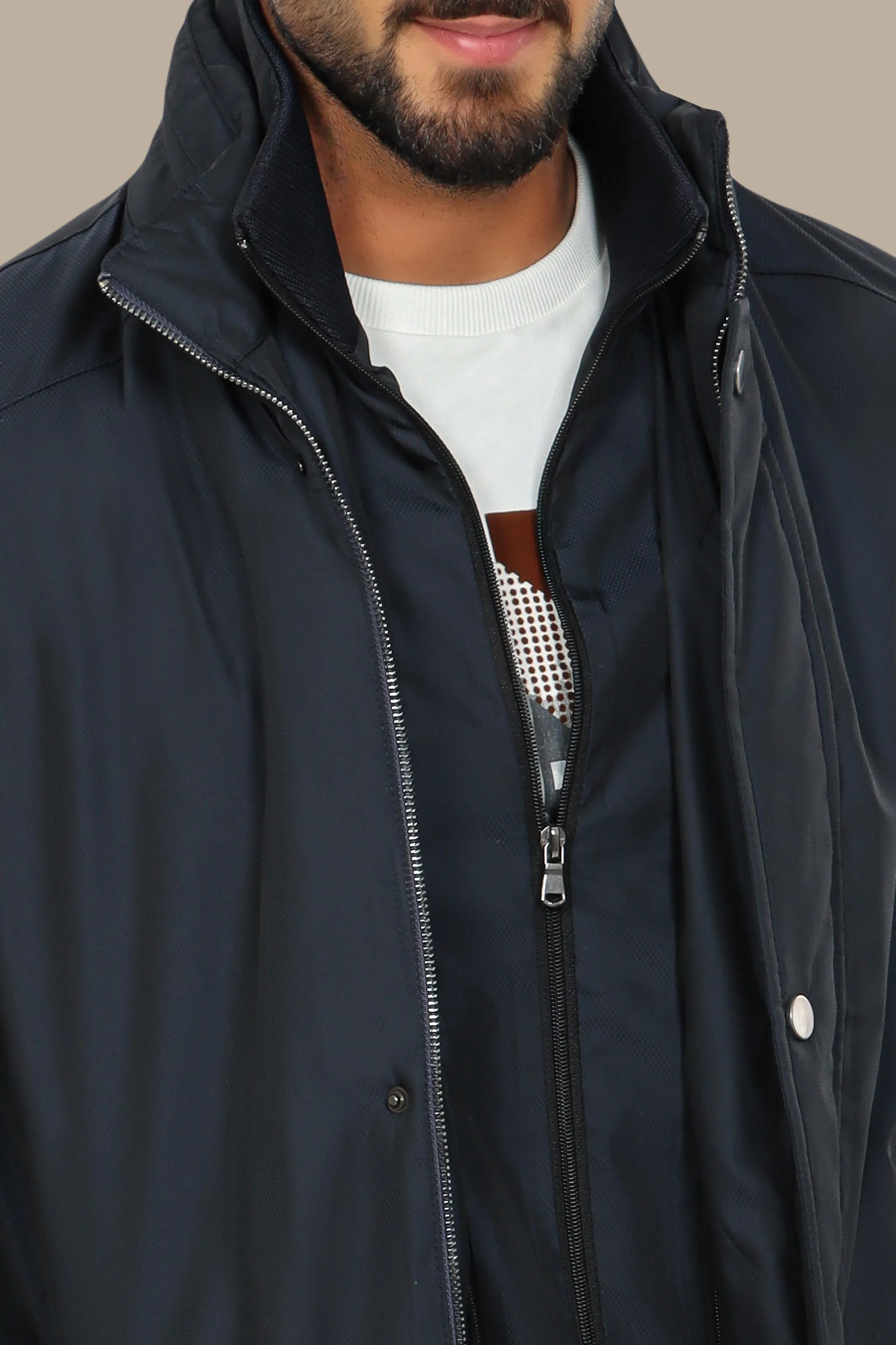 Navy Elegance: Versatile Parka with Detachable Collar for Stylish Comfort